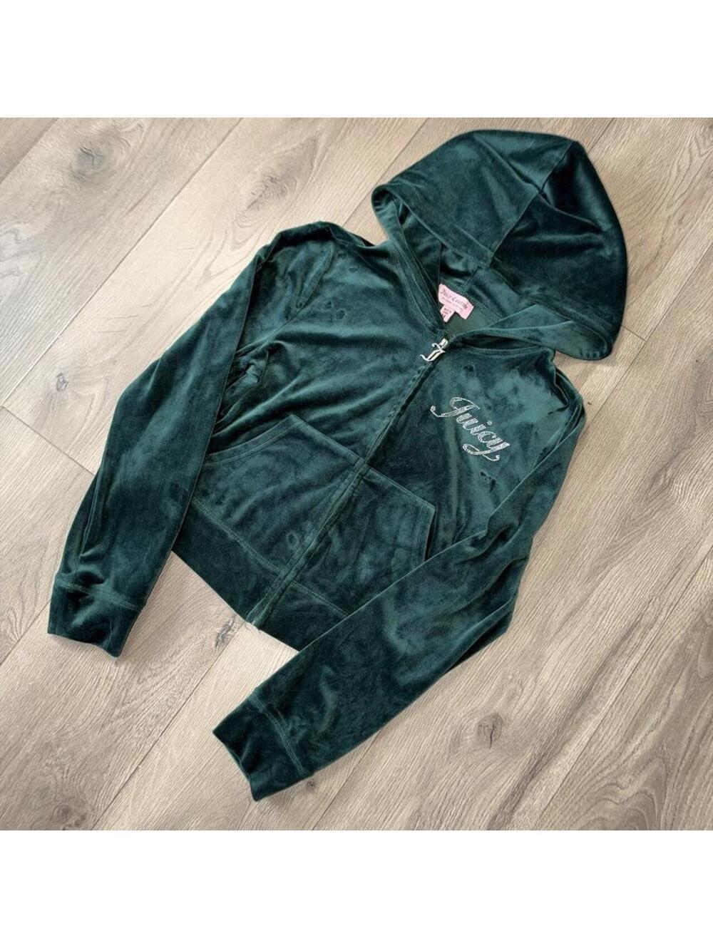 Y2K Juicy Couture Green Velour Rhinestone Zip Jacket
